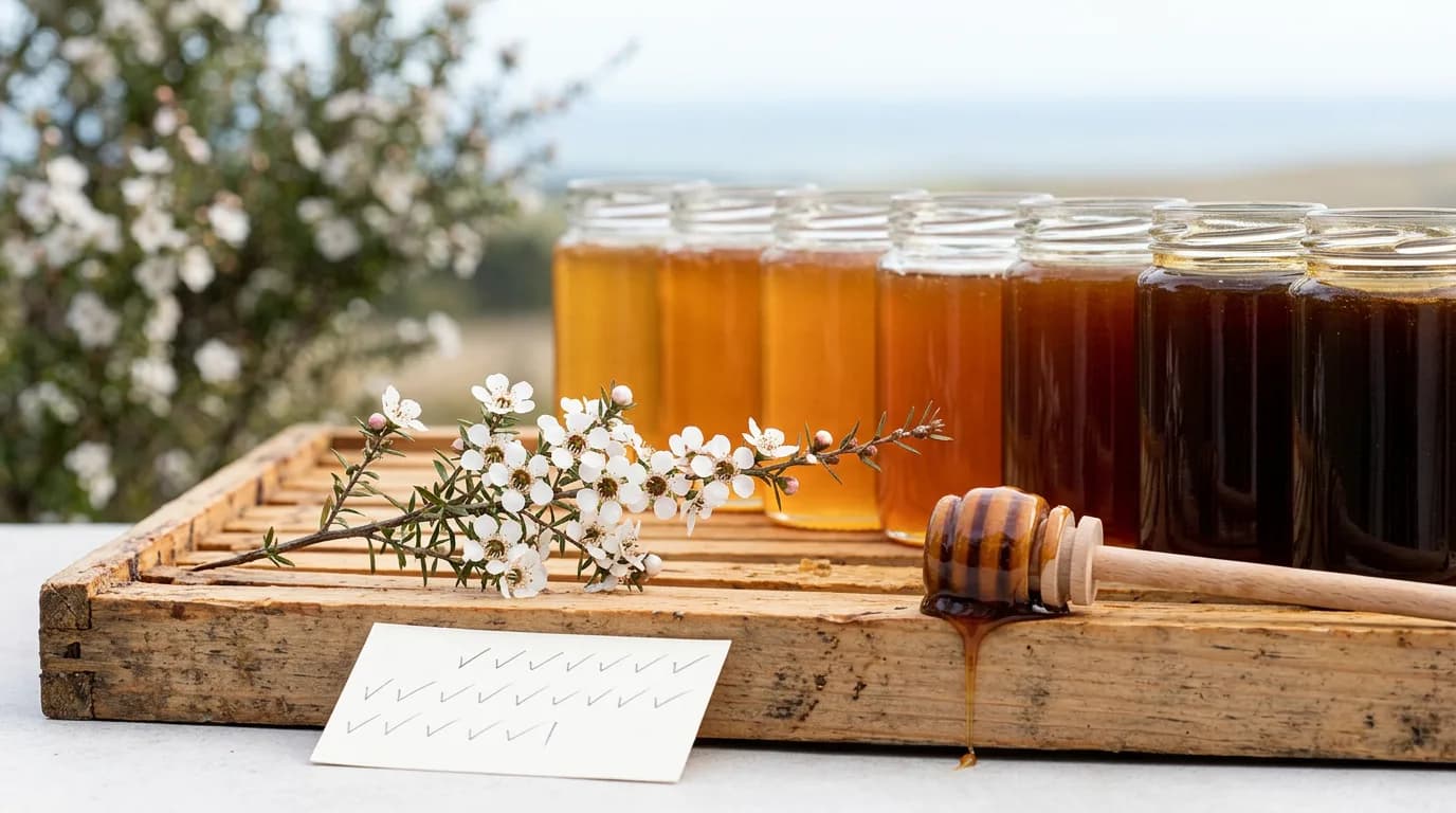 A flowering manuka branch and seven graduated jars of New Zealand manuka honey, from pale to deep amber, resting on a weathered wooden hive frame.