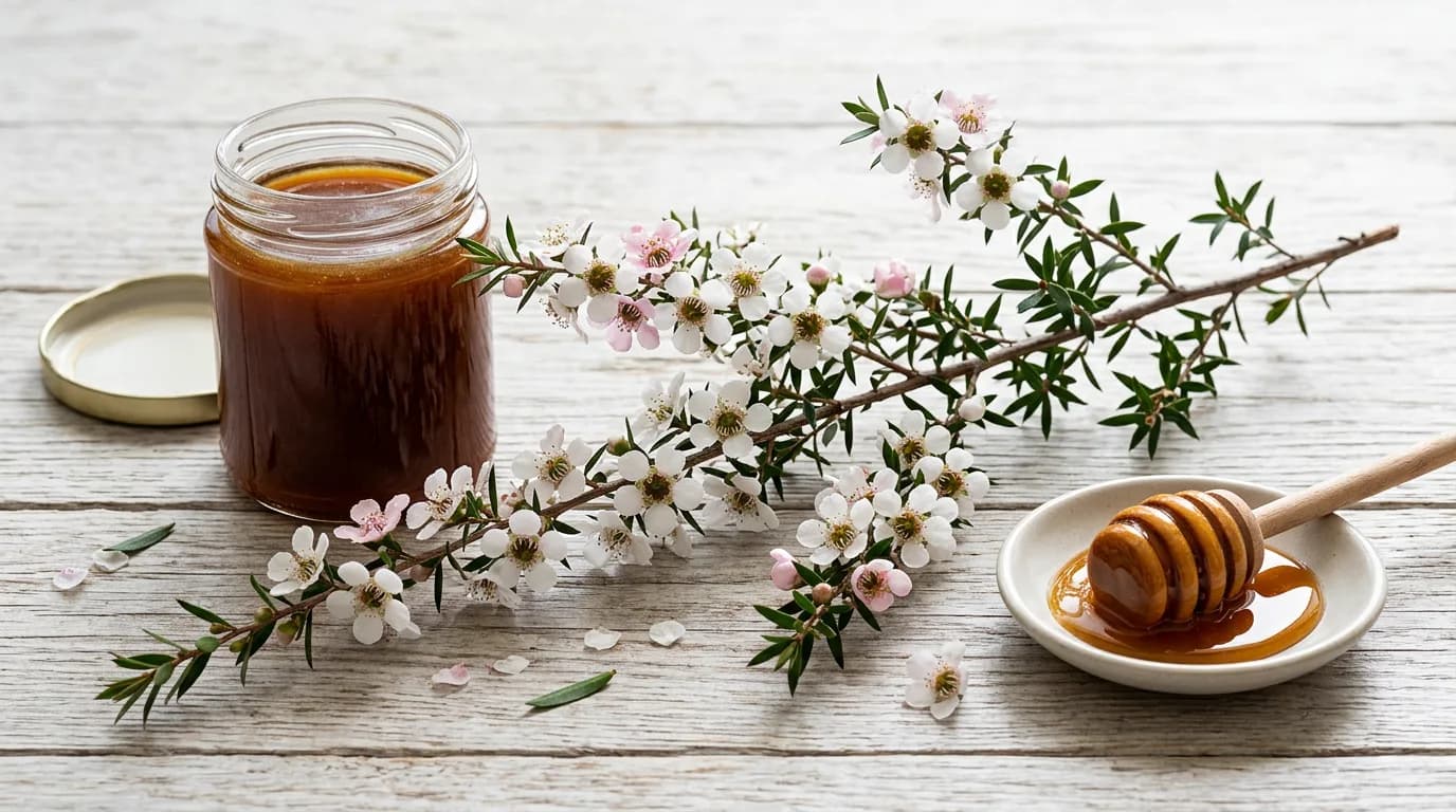 A flowering manuka branch with small white blossoms beside an unlabeled glass jar of dark amber mānuka honey and a wooden dipper on a pale wooden surface.