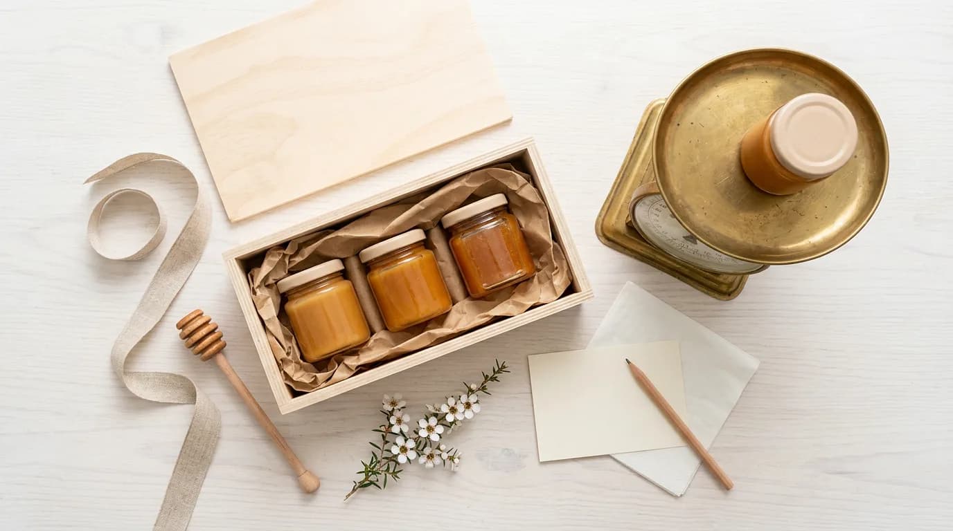 An open gift box of three plain mānuka honey jars in graduated amber shades, with a wooden dipper, manuka blossom sprig, blank gift card and a small kitchen scale on a pale timber surface.